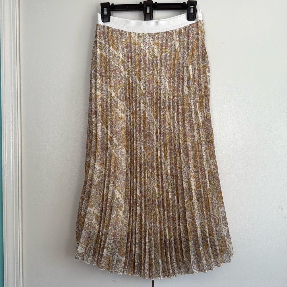 WD-NY Paisley Pleated Midi Skirt Gold Purple Cream Elastic Waist Size 8